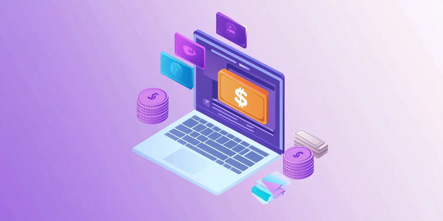 Isometric vector illustration featuring a laptop surrounded by bank cards and coins on a purple background. This design represents online shopping and digital finance systems, showcasing high-resolution 8K quality with sharp detail and focus, suitable for web design.