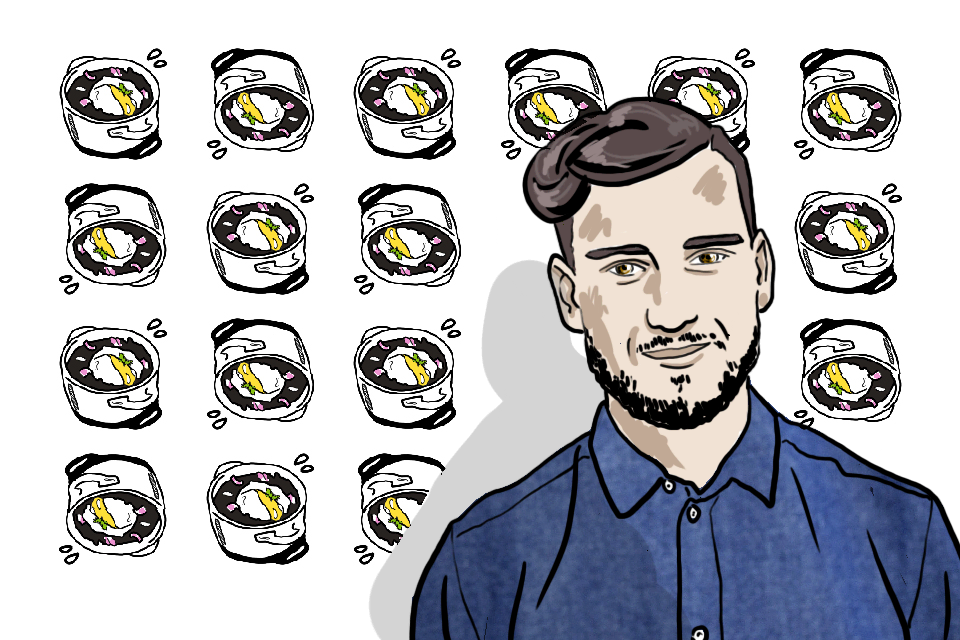 Illustration de Thibaud Moufourny devant un poster oeuf meurette