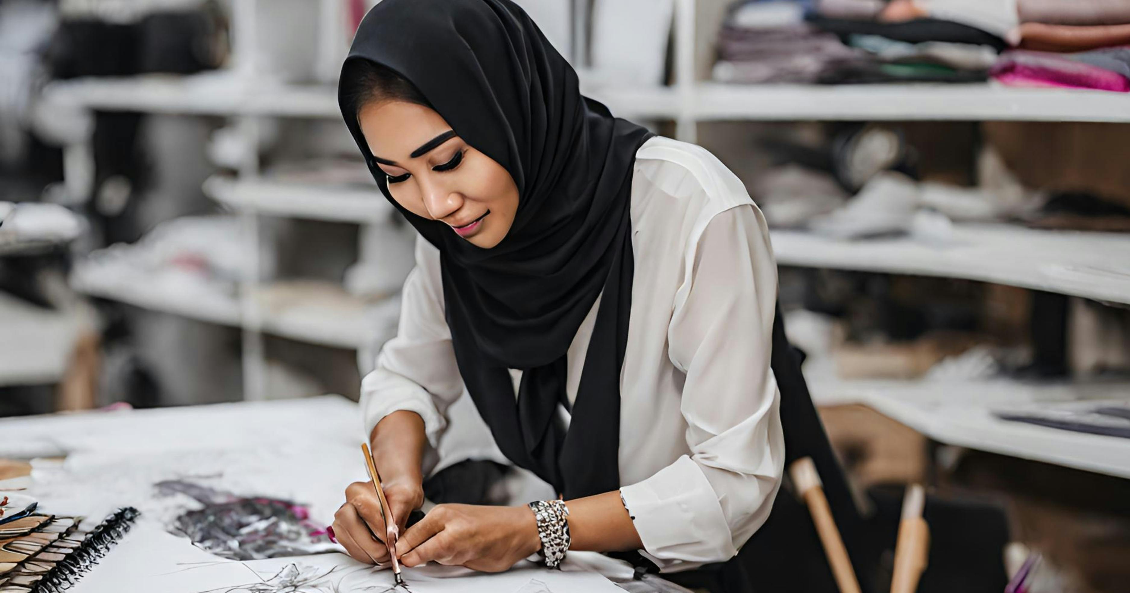 seorang wanita bertudung bekerja sebagai pereka fesyen