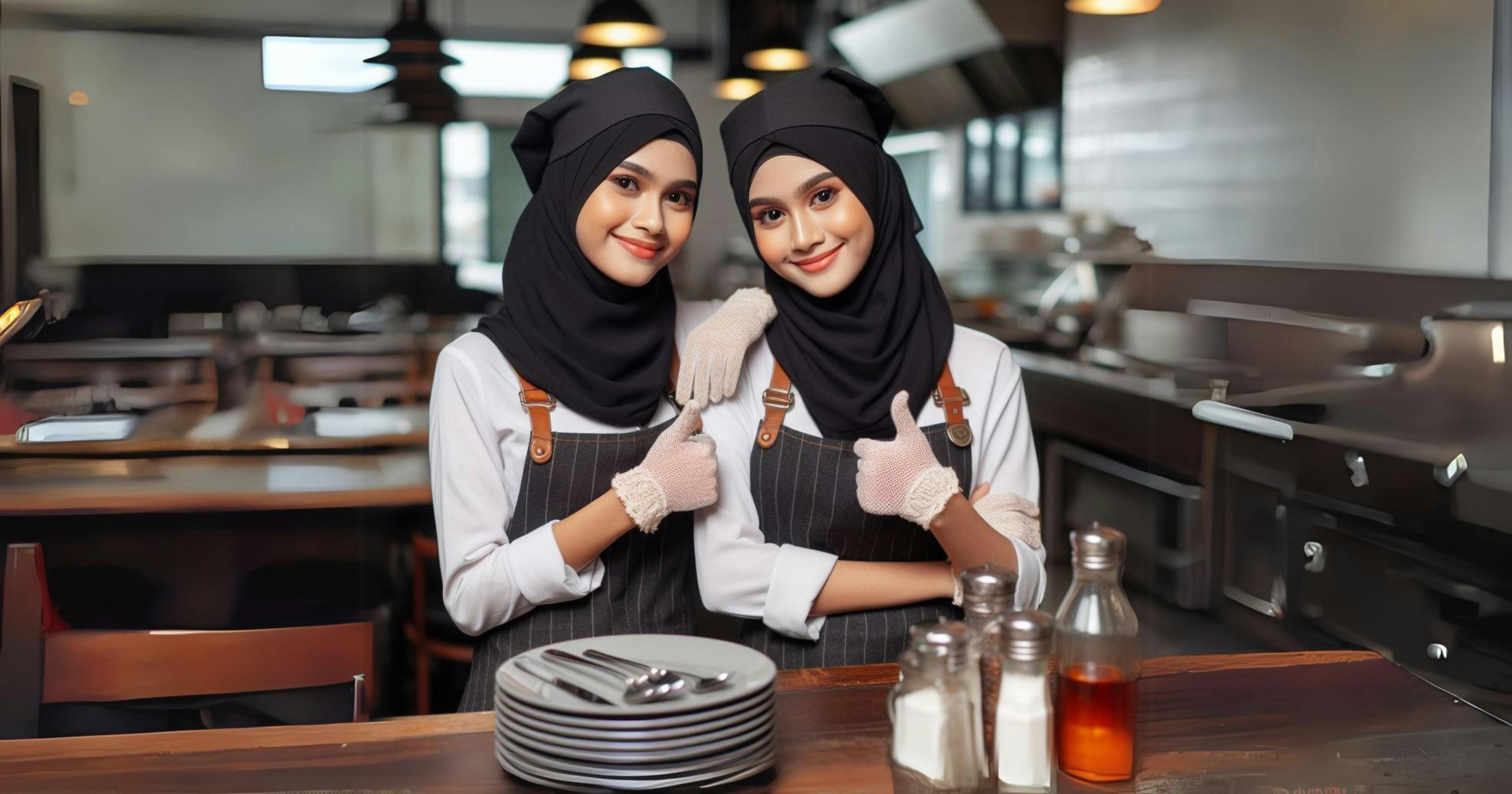 dua wanita bekerja sebagai pelayan f&b