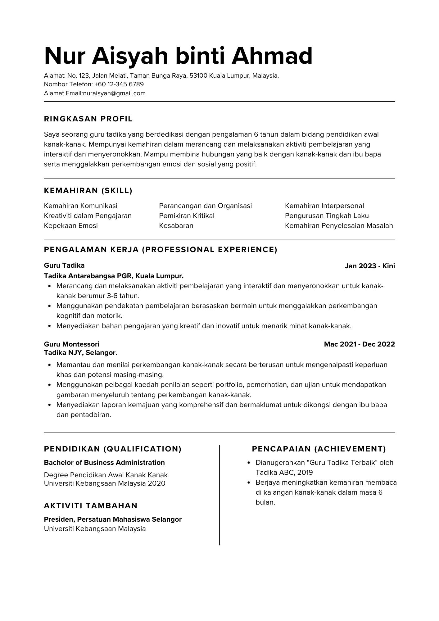 Struktur Resume Guru Tadika - Maukerja