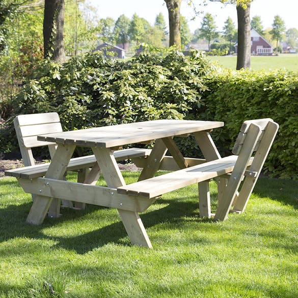 Our Tallinn picnic table with 2 backrests in a garden  