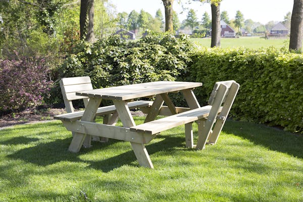 Wooden picnic tables