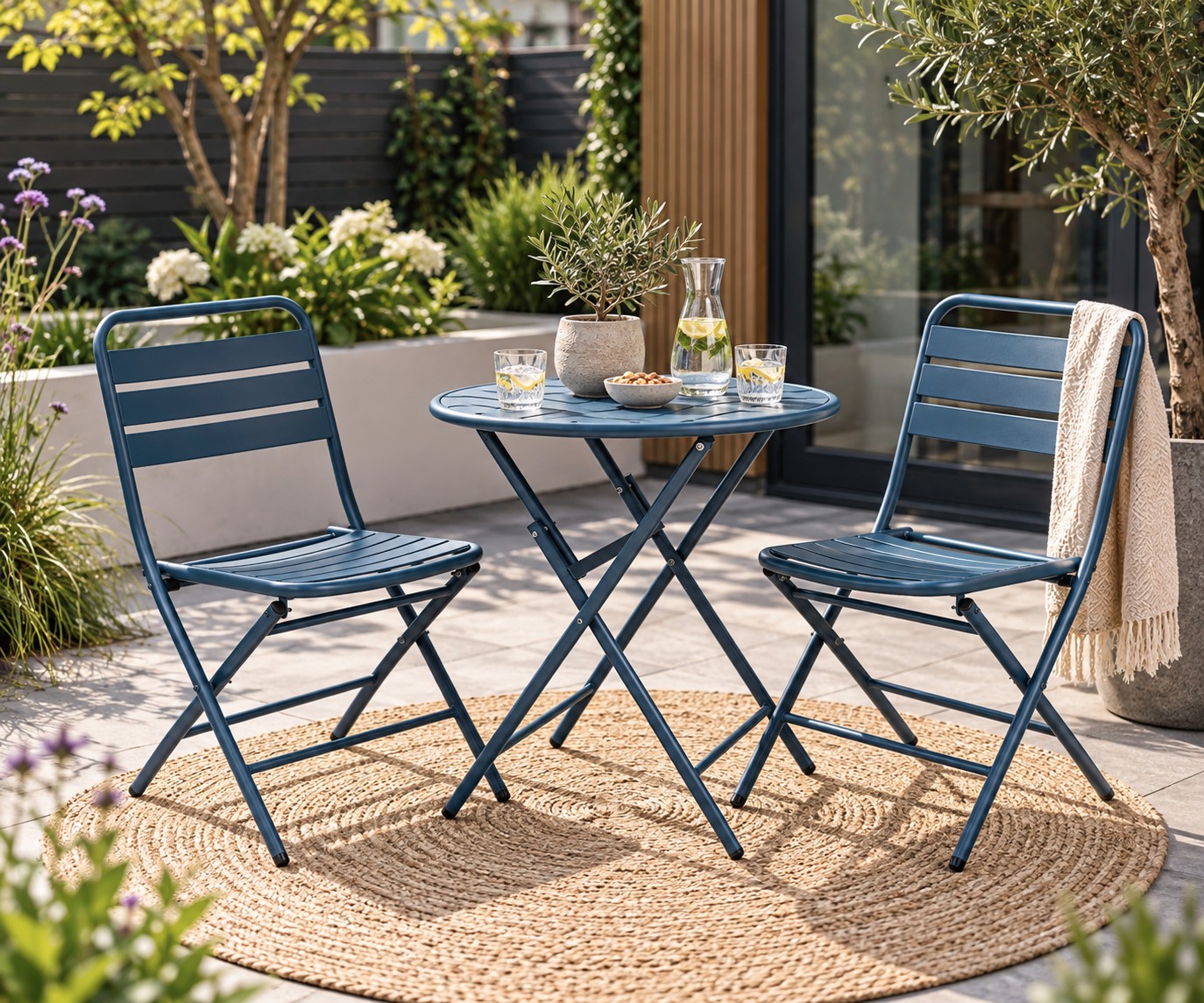 Petrol blauwe bistroset Max in tuin