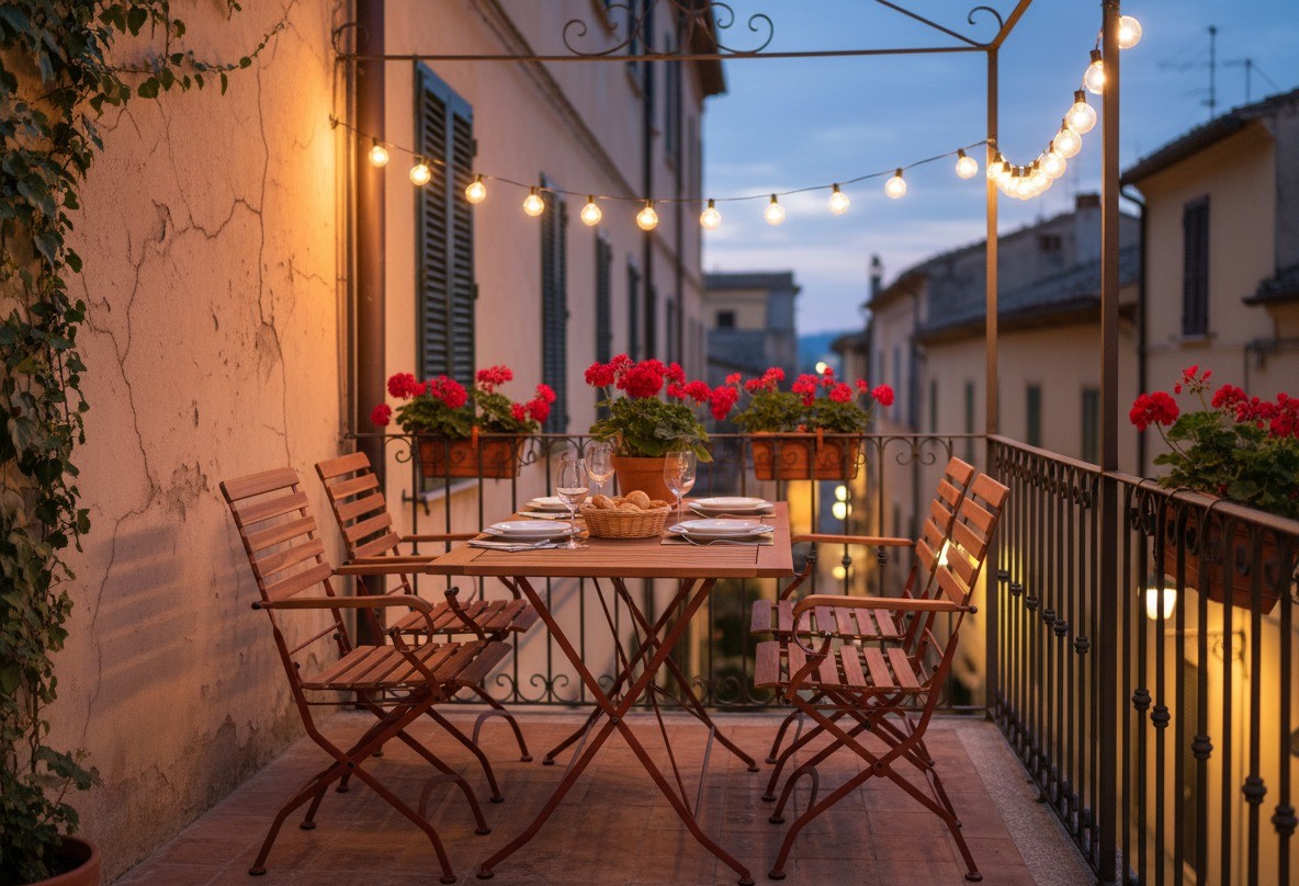 Rostbraune Toscana-bistroset auf dem balkon