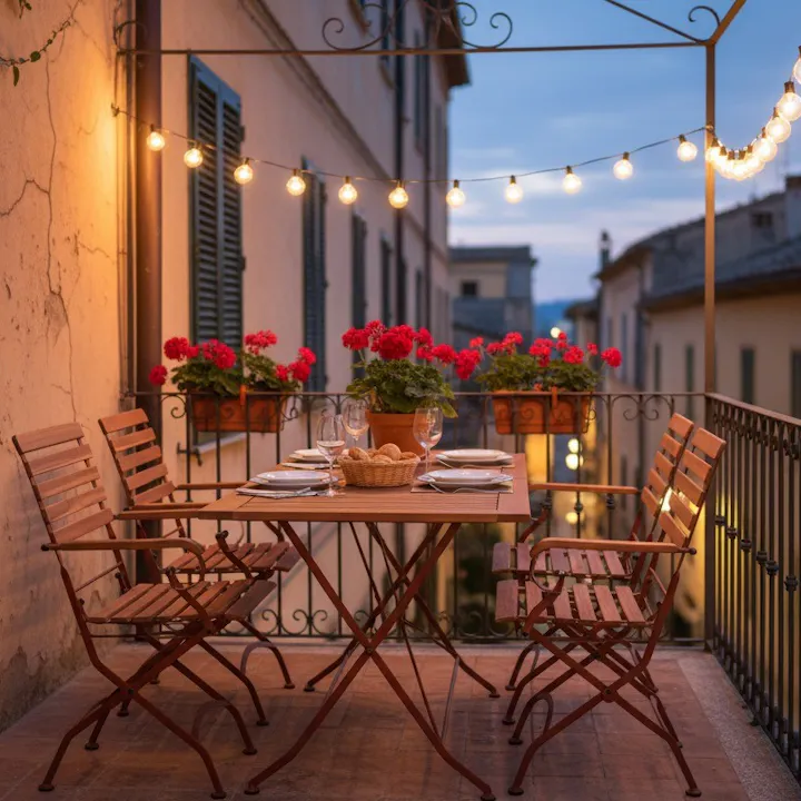 Rostbraune Toscana-bistroset auf dem balkon