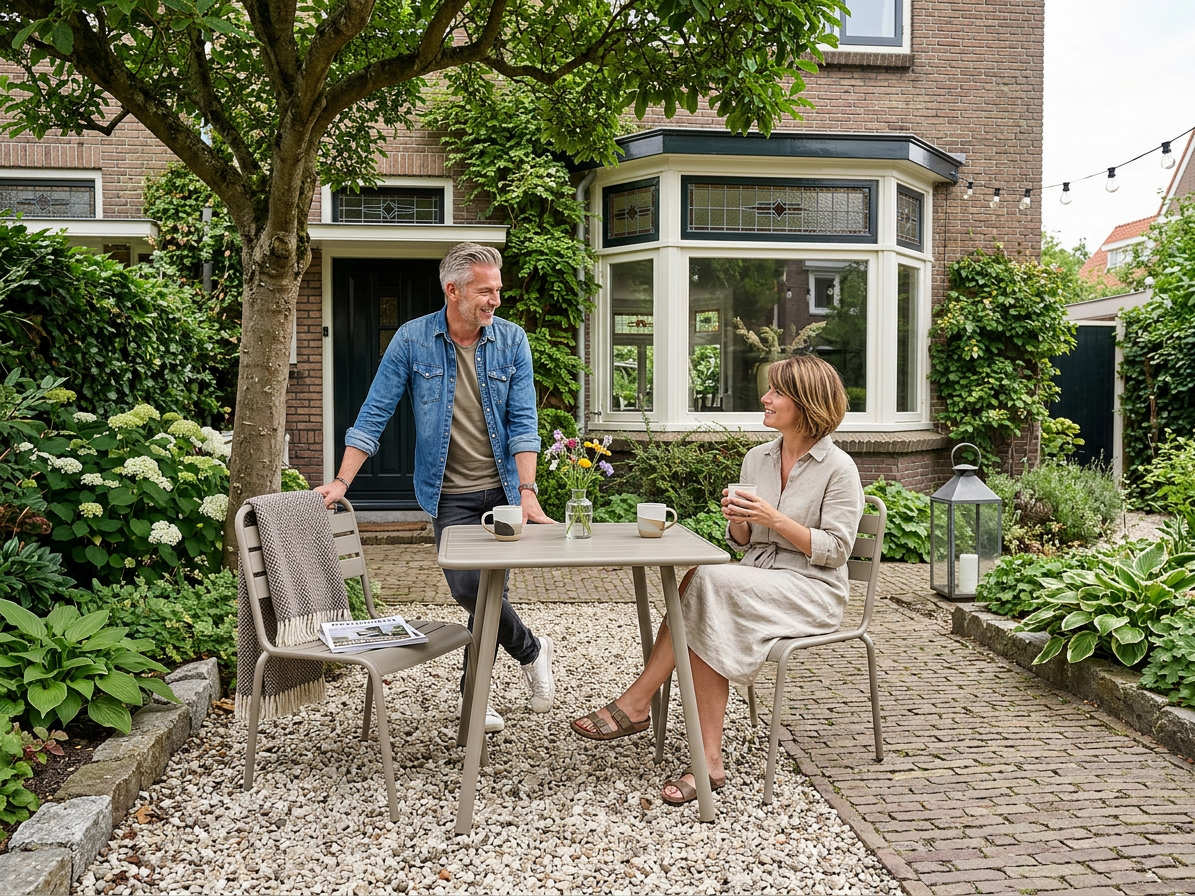 Taupe tuinsetje Max in voortuin