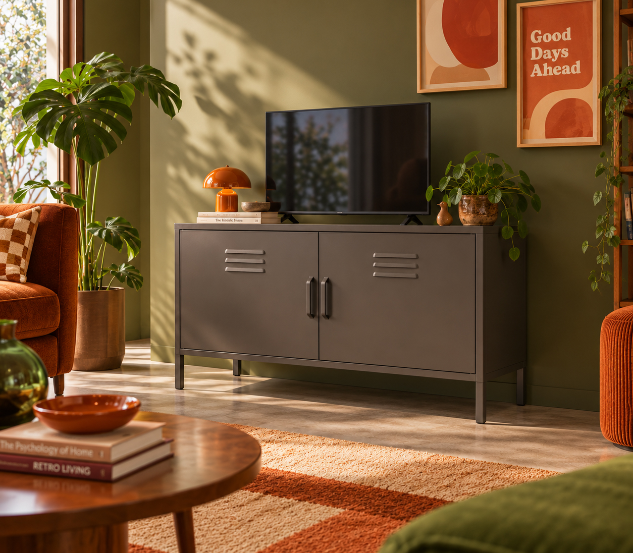 Grey-brown Finn TV locker cabinet in a retro living room