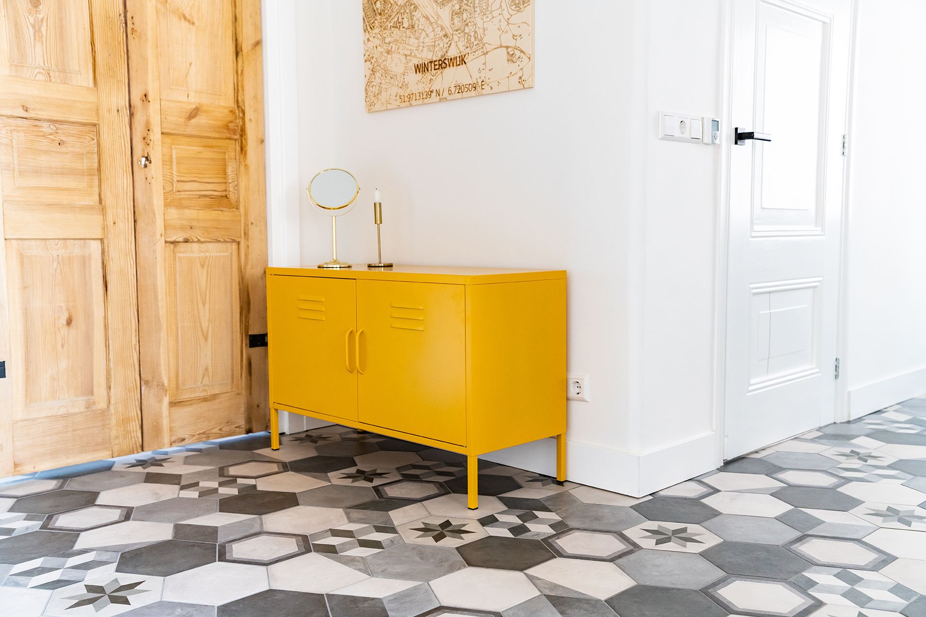 Ochre yellow TV locker cabinet
