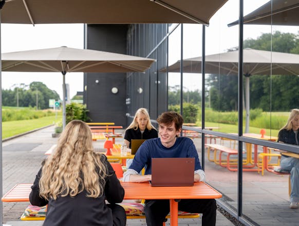 Medewerkers bij Fijnder aan het werk aan picknicktafels Max