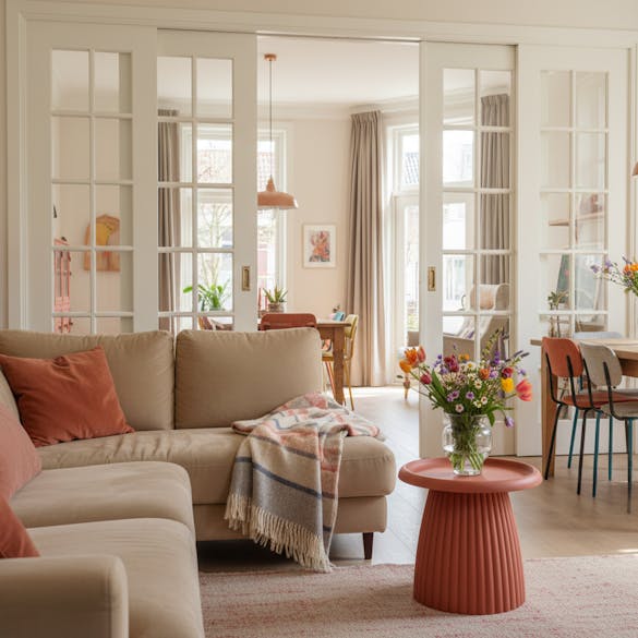 Mila bijzettafel roestbruin in jaren 30 woonkamer met ensuite deuren