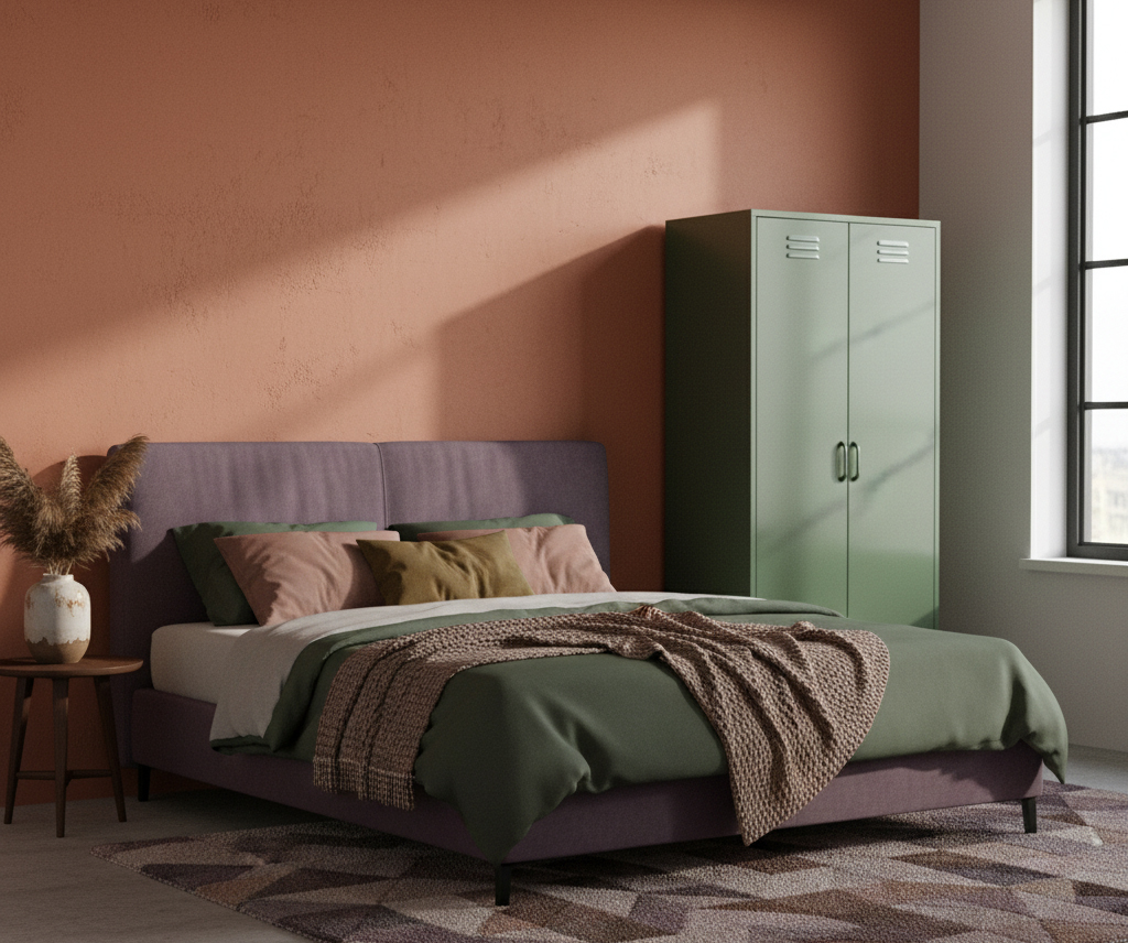 Olive green Finn wardrobe locker in bedroom