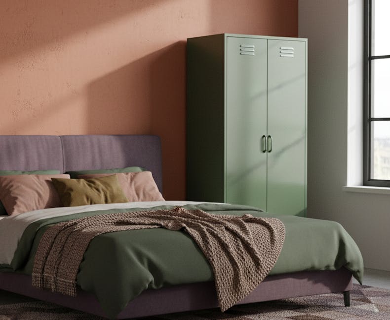 Olive green Finn wardrobe locker in bedroom
