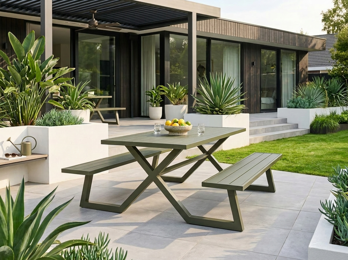 Olijfgroene aluminium picknicktafel Dex in tuin bij bungalow