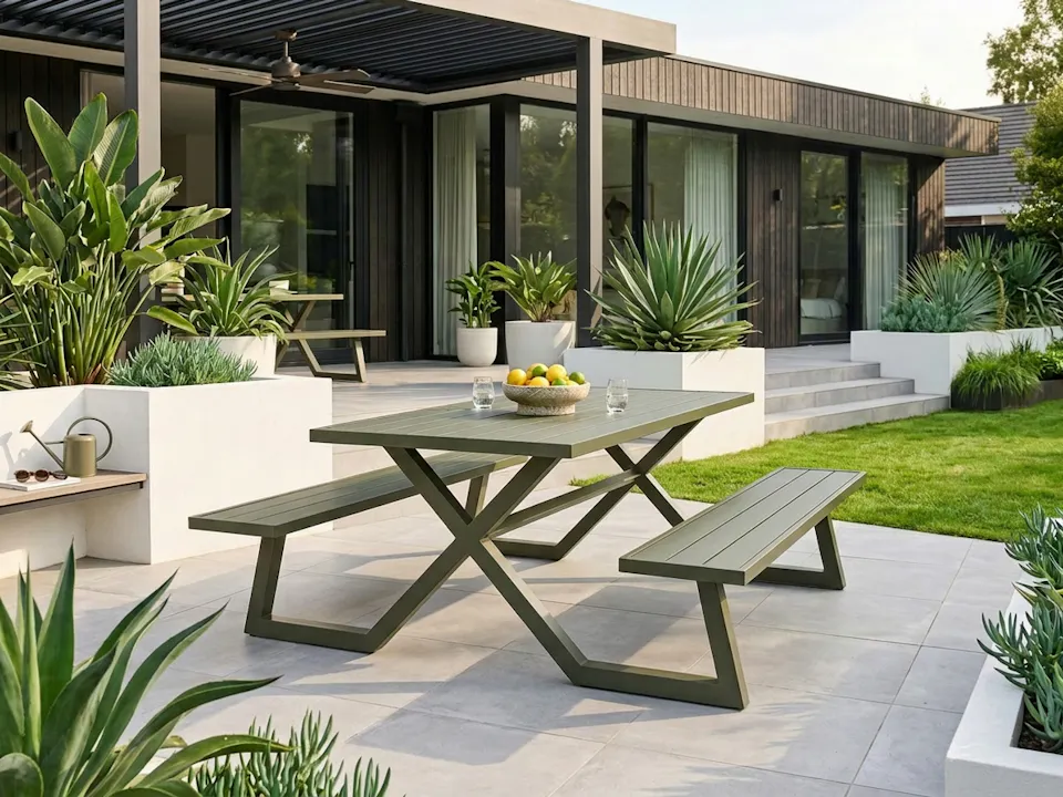 Olijfgroene aluminium picknicktafel Dex in tuin bij bungalow