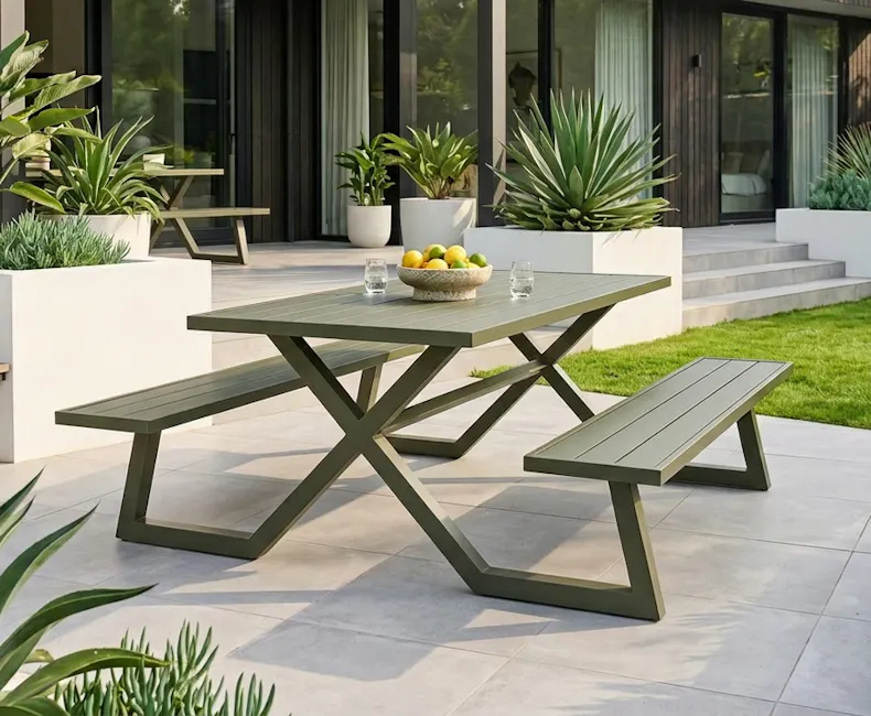 Olijfgroene aluminium picknicktafel Dex in tuin bij bungalow