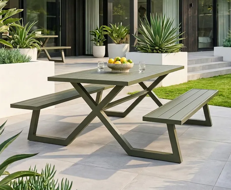 Olijfgroene aluminium picknicktafel Dex in tuin bij bungalow