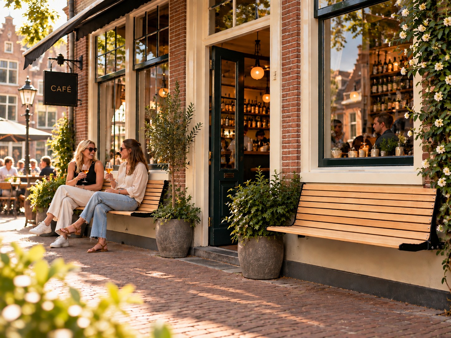 Gevelbank Amsterdam bij koffiebar in stad
