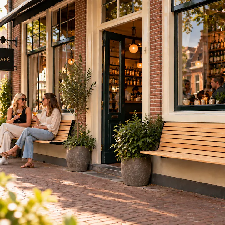 Gevelbank Amsterdam bij koffiebar in stad