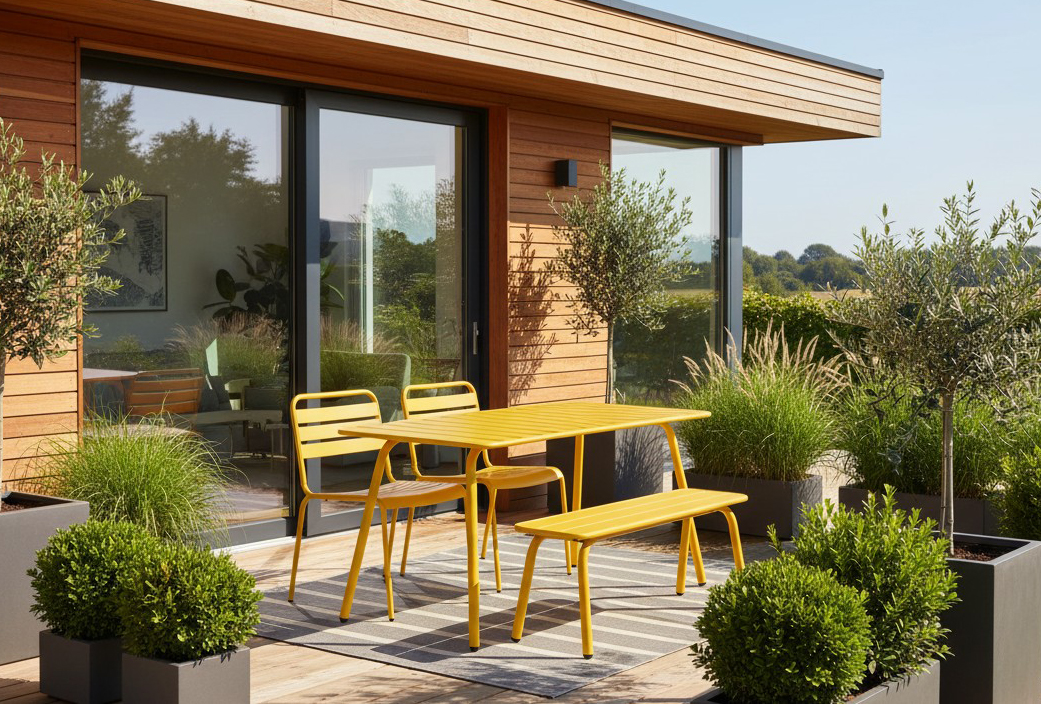 Ocher yellow Max garden set on a bungalow terrace