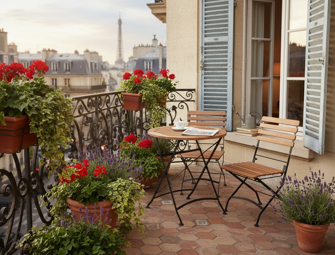 Schwarzes Toscana-bistroset auf dem balkon