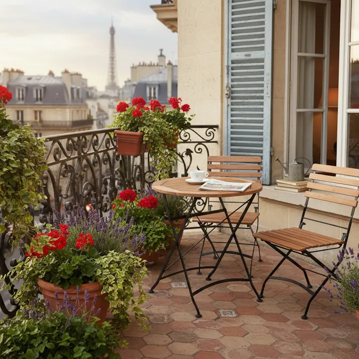 Schwarzes Toscana-bistroset auf dem balkon