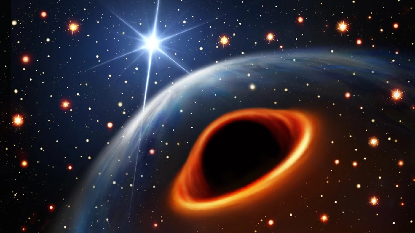Eine künstlerische Darstellung des neu entdeckten Systems unter der Annahme, dass der massereiche Begleiter des Radiopulsars (hellblau leuchtender Stern im Hintergrund) ein Schwarzes Loch ist (Vordergrund). Beide Objekte sind 8 Millionen km voneinander entfernt und umkreisen sich alle 7 Tage.