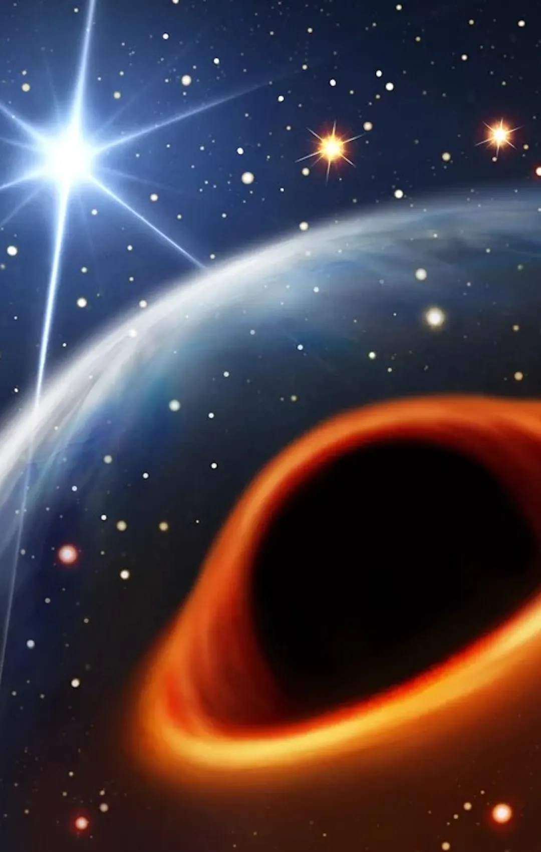 Eine künstlerische Darstellung des neu entdeckten Systems unter der Annahme, dass der massereiche Begleiter des Radiopulsars (hellblau leuchtender Stern im Hintergrund) ein Schwarzes Loch ist (Vordergrund). Beide Objekte sind 8 Millionen km voneinander entfernt und umkreisen sich alle 7 Tage. | ©MPI für Radioastronomie/Daniëlle Futselaar Eine künstlerische Darstellung des neu entdeckten Systems unter der Annahme, dass der massereiche Begleiter des Radiopulsars (hellblau leuchtender Stern im Hintergrund) ein Schwarzes Loch ist (Vordergrund). Beide Objekte sind 8 Millionen km voneinander entfernt und umkreisen sich alle 7 Tage.