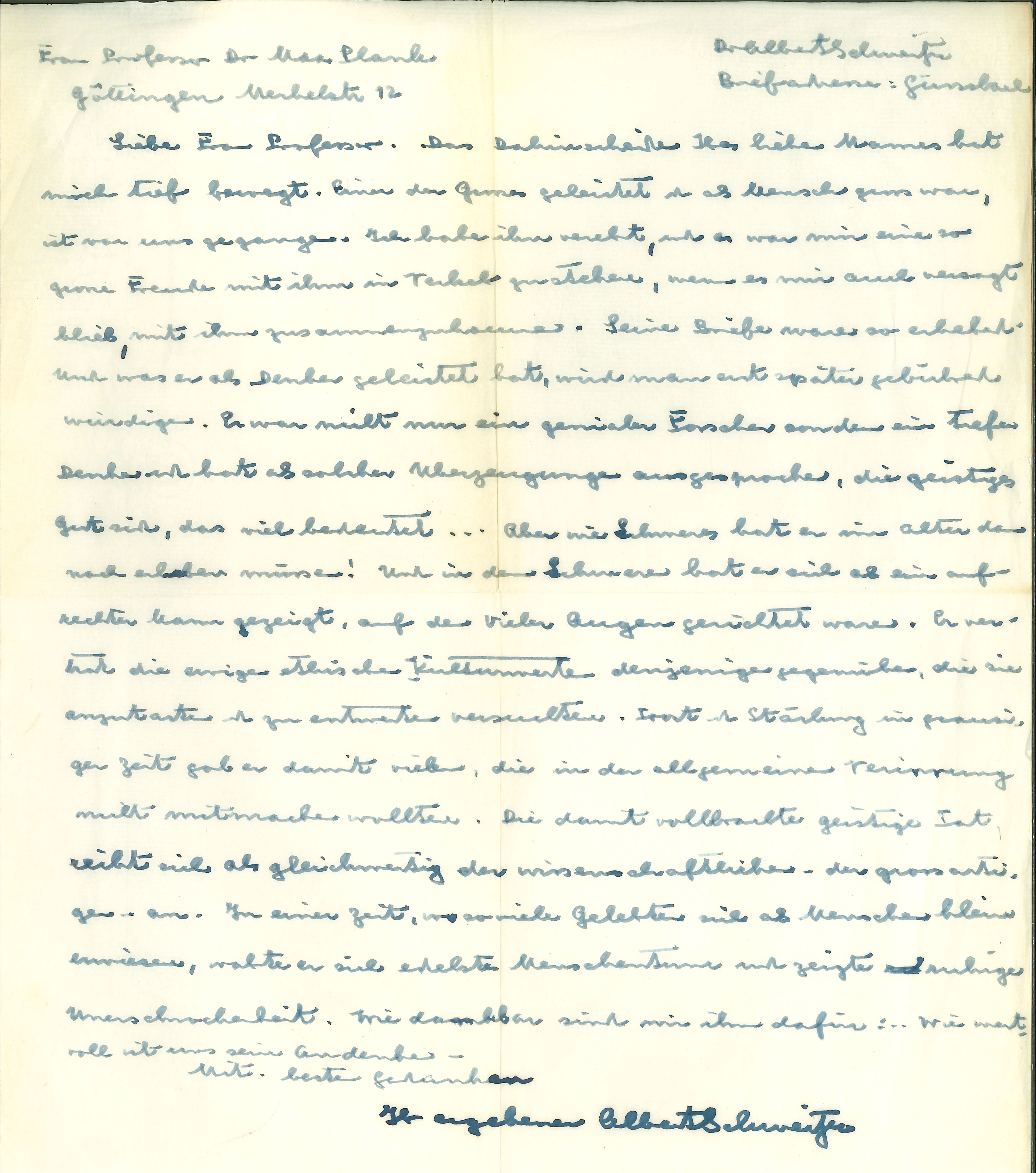 Die Kondolenzen von Albert Schweitzer zum Tode Max Plancks 1947