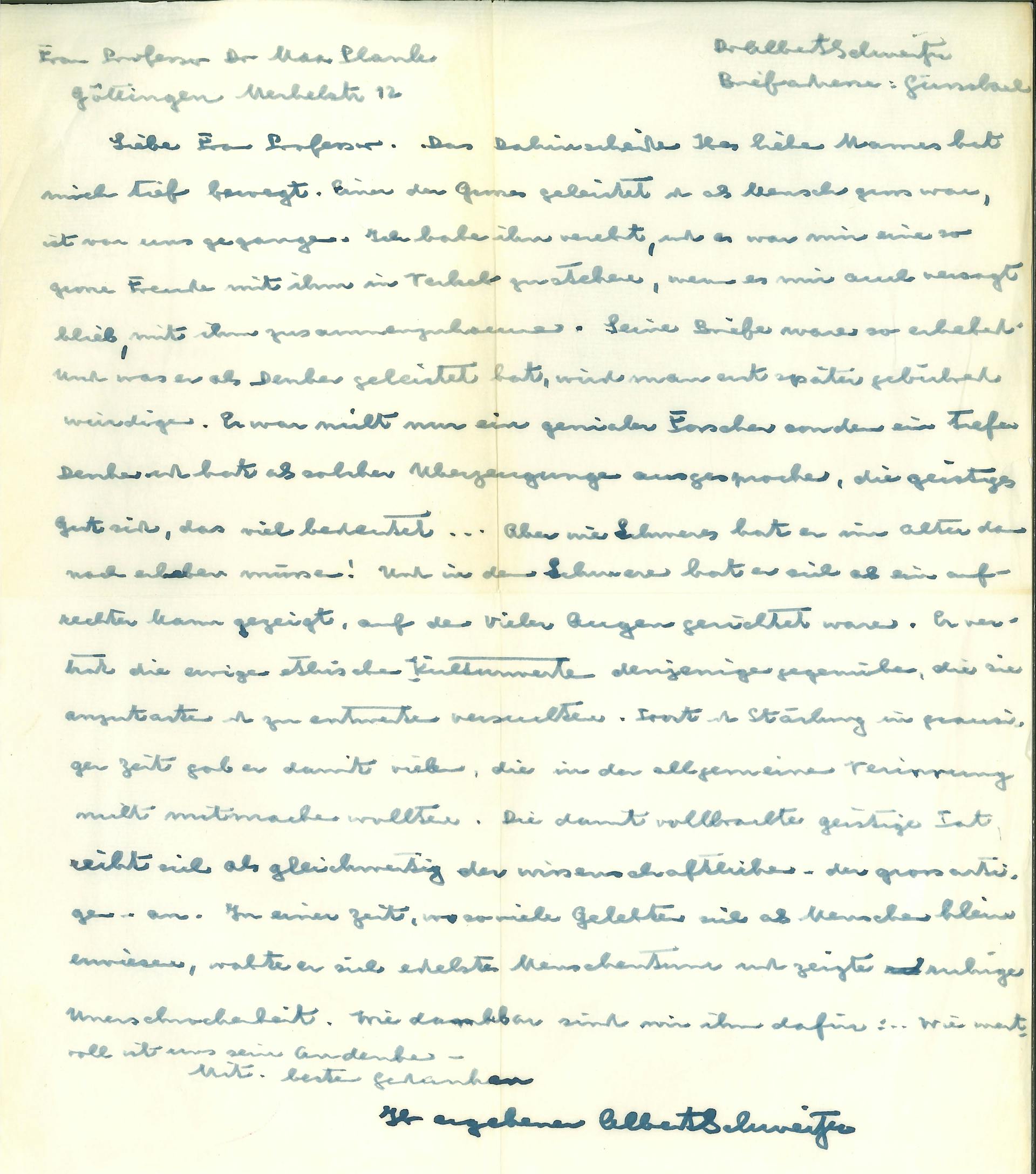 Die Kondolenzen von Albert Schweitzer zum Tode Max Plancks 1947 | ©C. Pittschellis, E. Schroedter, and M. Bonitz, Kieler Beiträge zu Max Planck, Bd. 2 2024 Die Kondolenzen von Albert Schweitzer zum Tode Max Plancks 1947