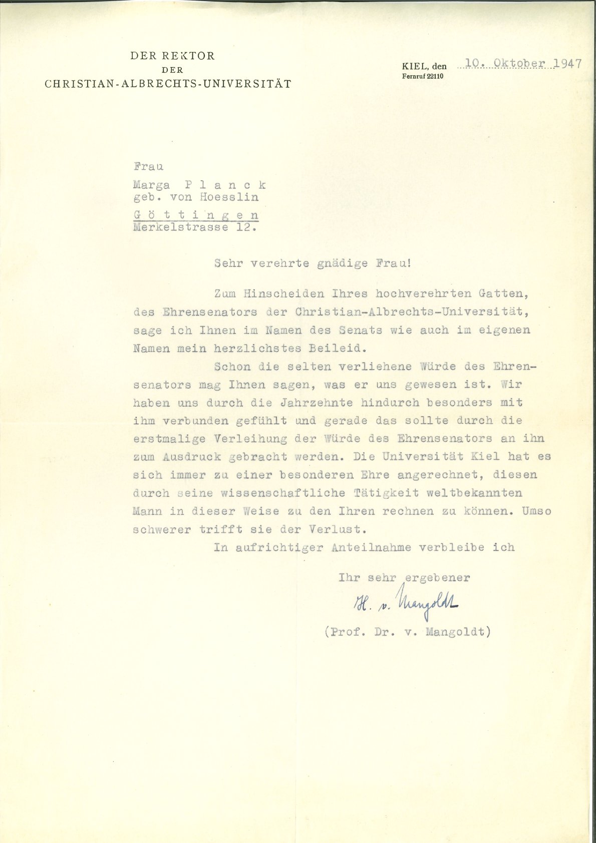 Kondolenzschreiben bezüglich Max Plancks Tod von Hermann von Mangoldt.