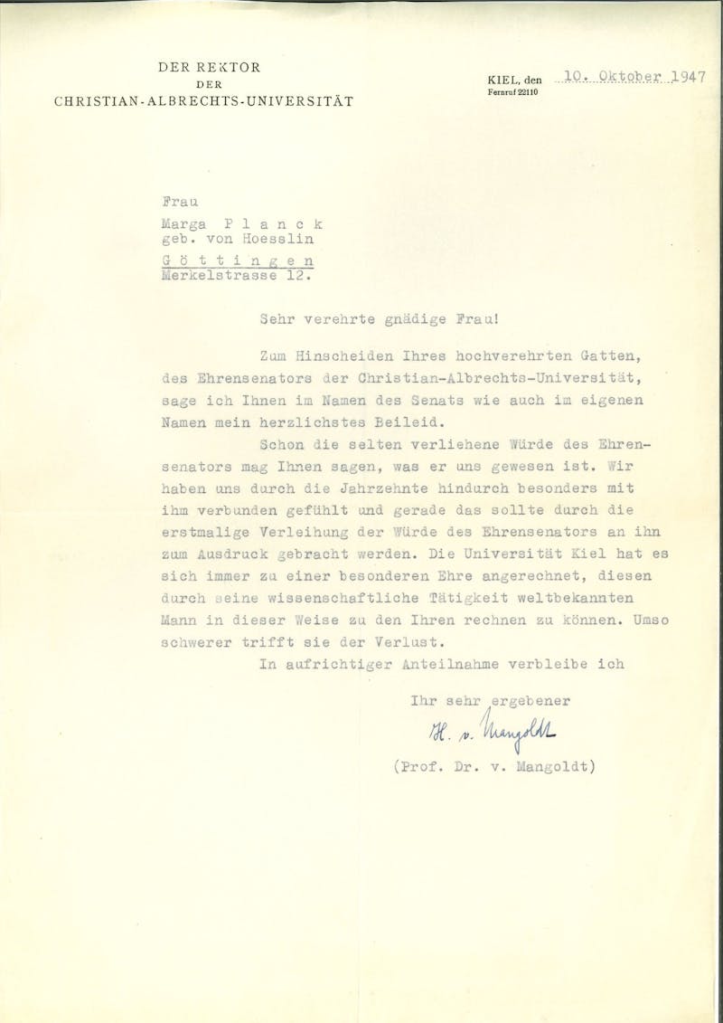 Kondolenzschreiben bezüglich Max Plancks Tod von Hermann von Mangoldt. | ©C. Pittschellis, E. Schroedter, and M. Bonitz, Kieler Beiträge zu Max Planck, Bd. 2 2024 Kondolenzschreiben bezüglich Max Plancks Tod von Hermann von Mangoldt.