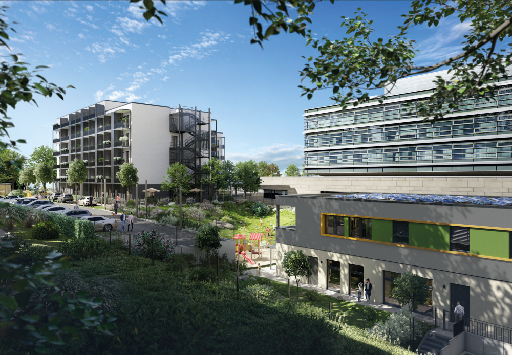 Apartmenthaus mit Kindertagesstätte im Vordergrund