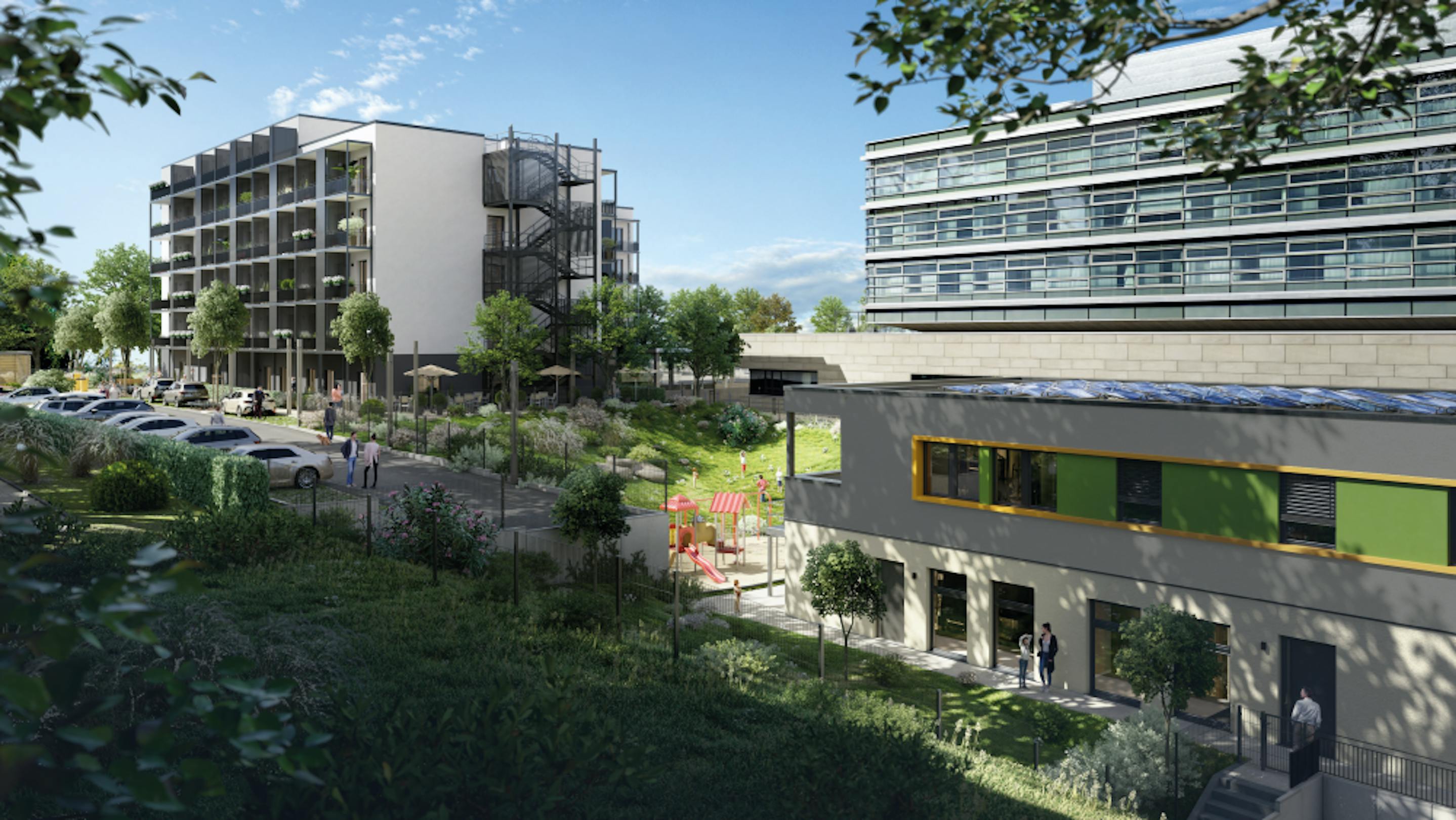 Apartmenthaus mit Kindertagesstätte im Vordergrund | ©MPF/JM Clain Apartmenthaus mit Kindertagesstätte im Vordergrund