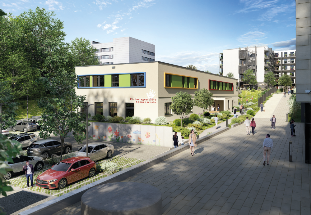 Geplante Kita im Vordergrund, Wohnbauprojekt für MAX PLANCK im Hintergrund