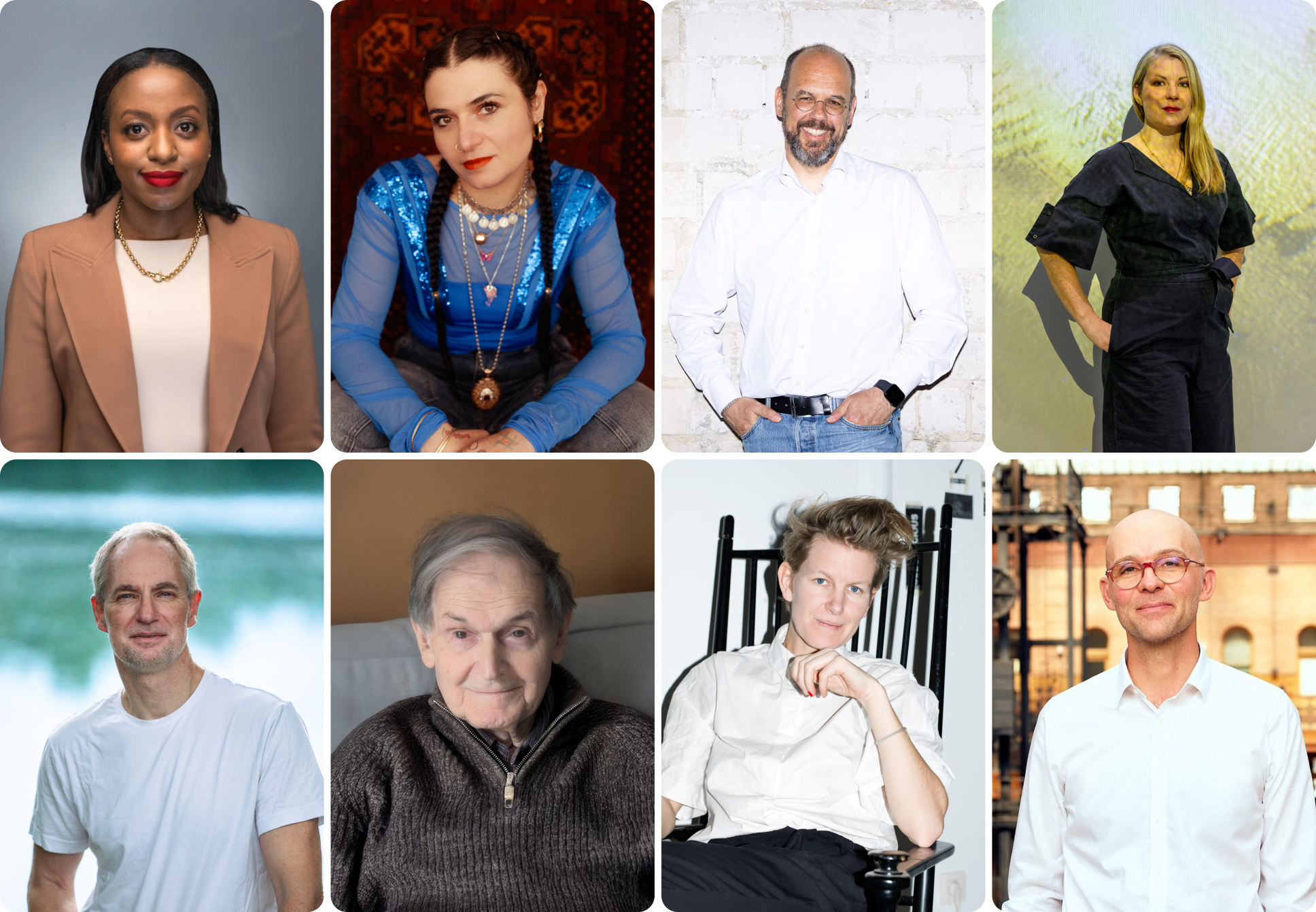 Sensing Quantum-Symposium, 2025. v.l.n.r. (obere Reihe): Shamira Ahmed, Nelly Ben Hayoun-Stépanian, Tommaso Calarco, Libby Heaney; v.l.n.r. (untere Reihe): Michael Lebert, Roger Penrose, Laure Prouvost, Tobias Rees.