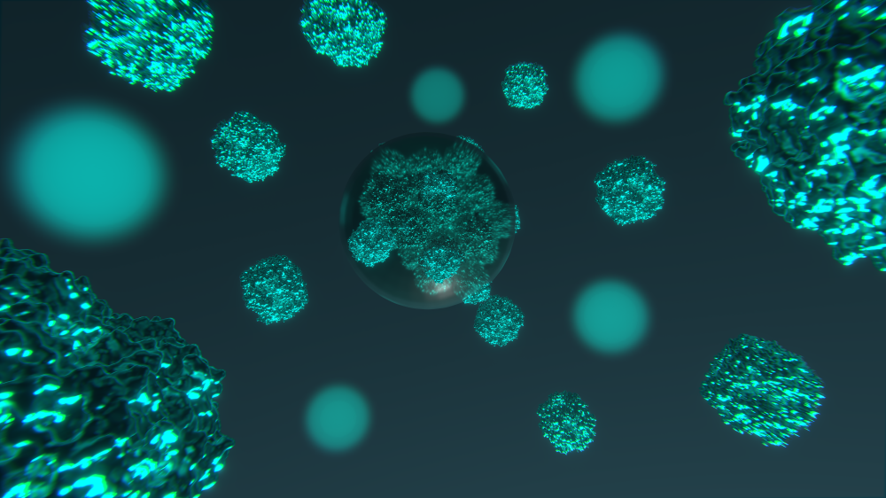 Künstlerische Darstellung der Matrix eines Pyrenoids in grünen Algen. Hier konzentrieren Kondensate Enzyme, die im Rahmen der Photosynthese CO2 fixieren.