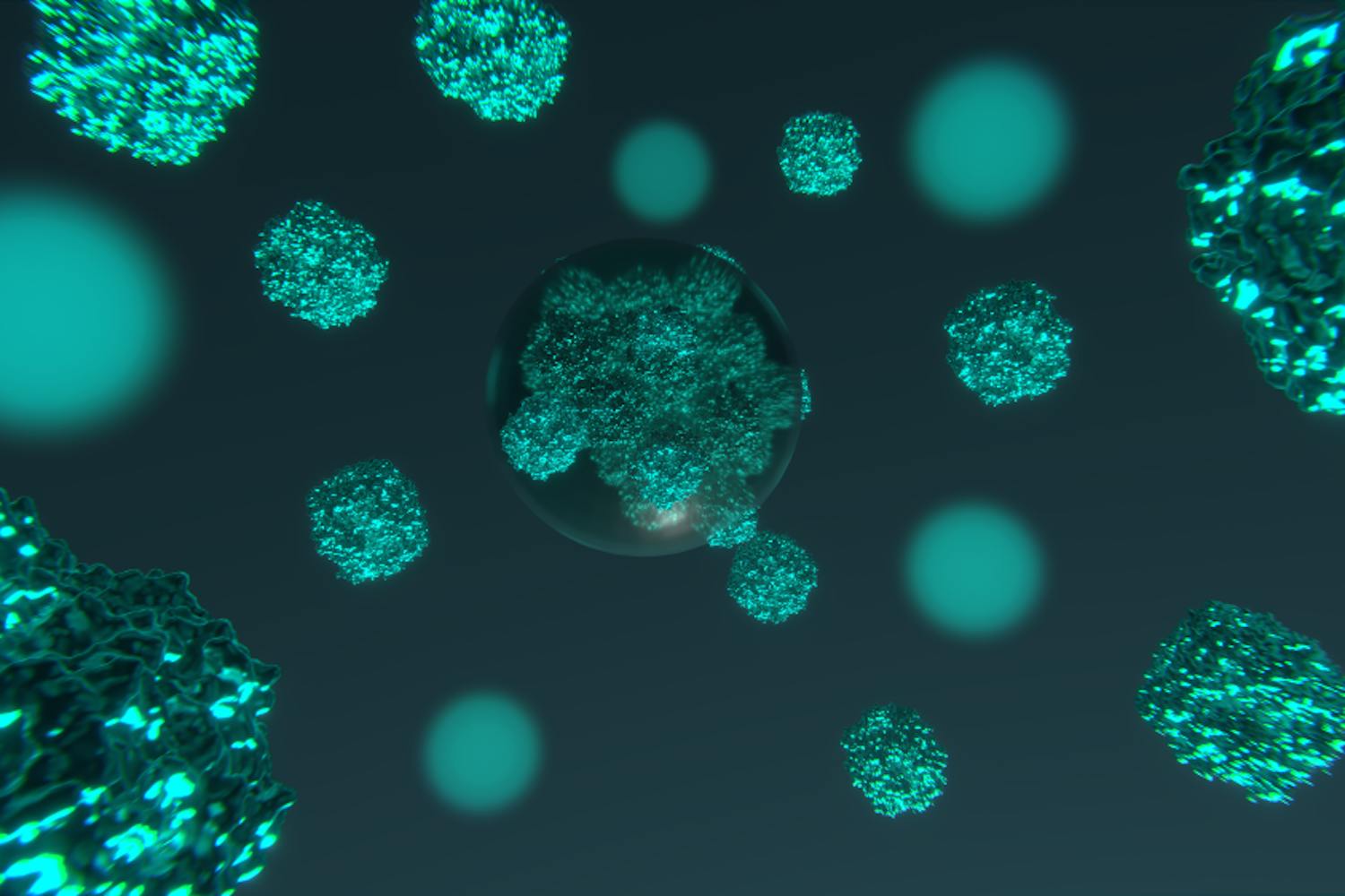 Künstlerische Darstellung der Matrix eines Pyrenoids in grünen Algen. Hier konzentrieren Kondensate Enzyme, die im Rahmen der Photosynthese CO2 fixieren. | ©MPI für Multidisziplinäre Naturwissenschaften/Andreas Küffner Künstlerische Darstellung der Matrix eines Pyrenoids in grünen Algen. Hier konzentrieren Kondensate Enzyme, die im Rahmen der Photosynthese CO2 fixieren.