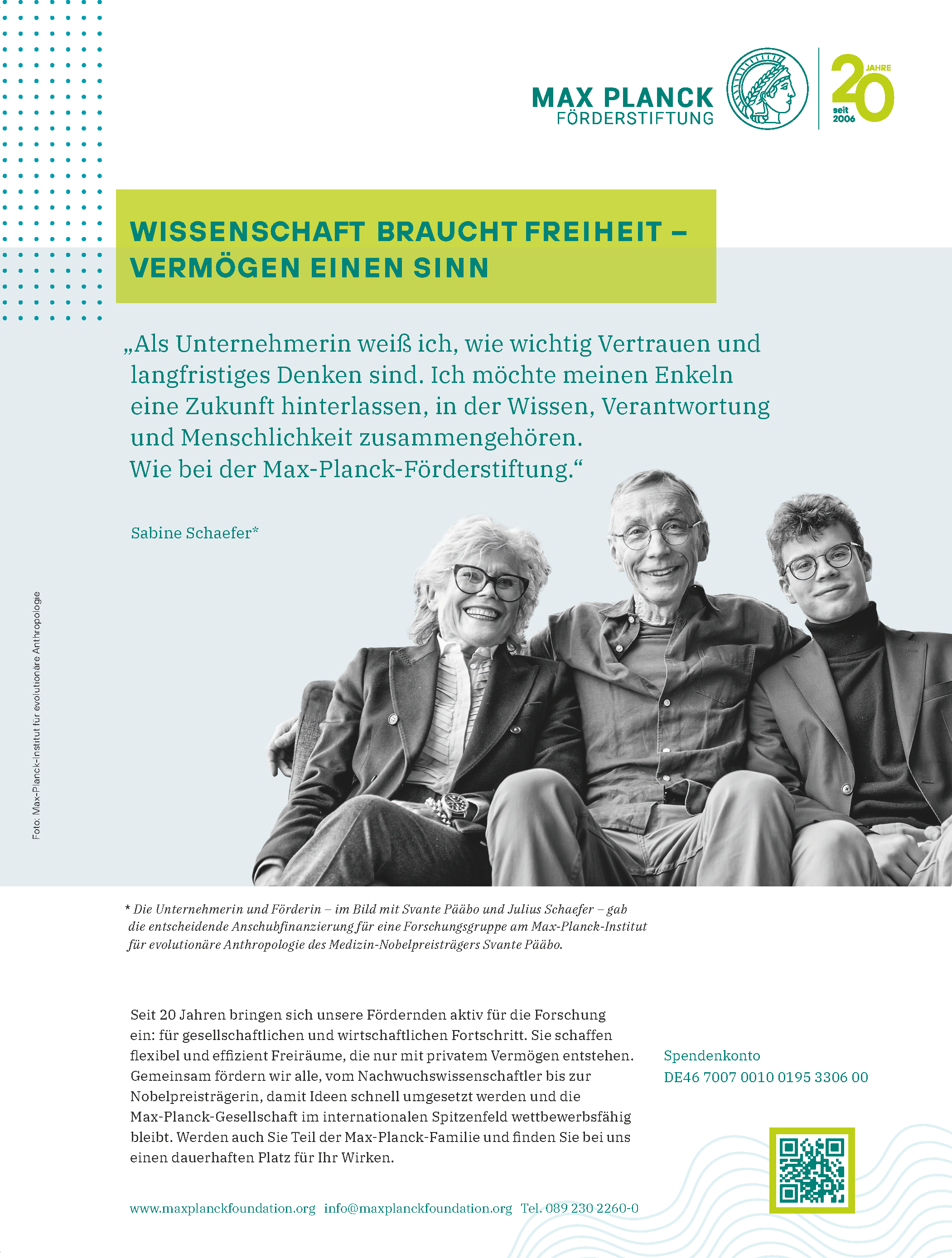 Anzeige in MAX PLANCK Forschung, Sabine Schaefer, Svante Pääbo, Julius