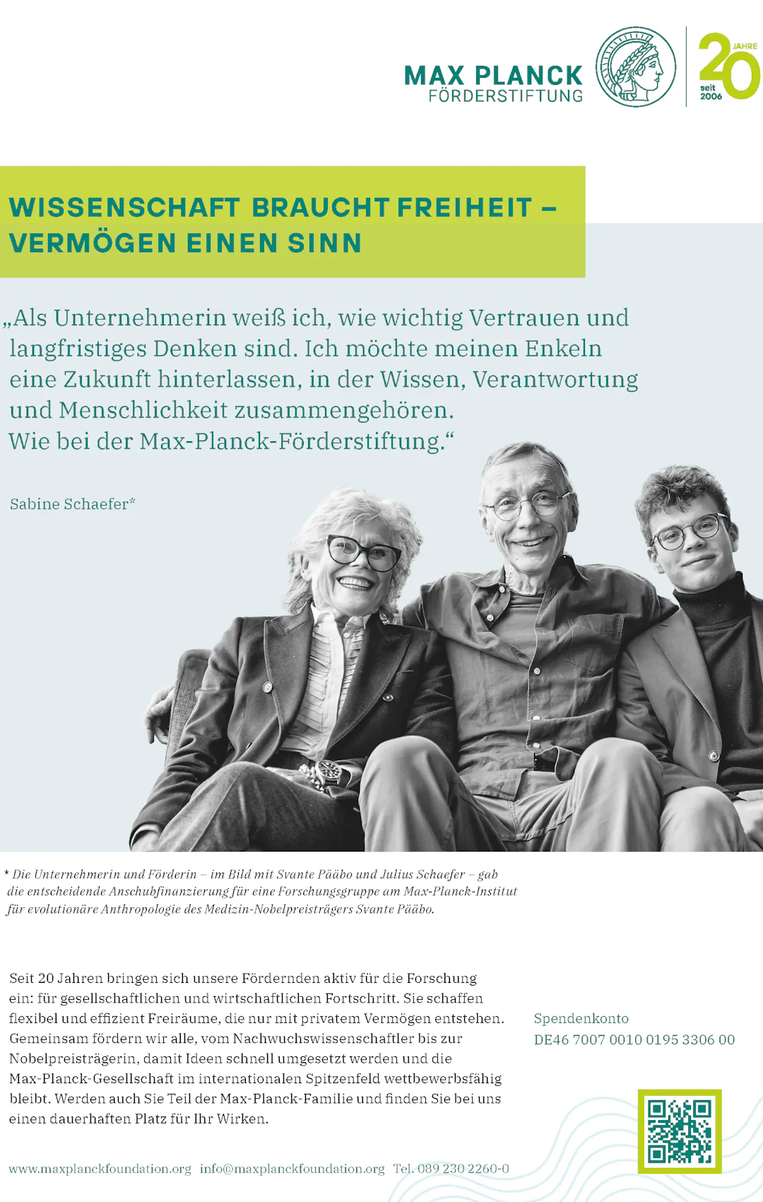 Anzeige in MAX PLANCK Forschung, Sabine Schaefer, Svante Pääbo, Julius | ©MPF Anzeige in MAX PLANCK Forschung, Sabine Schaefer, Svante Pääbo, Julius