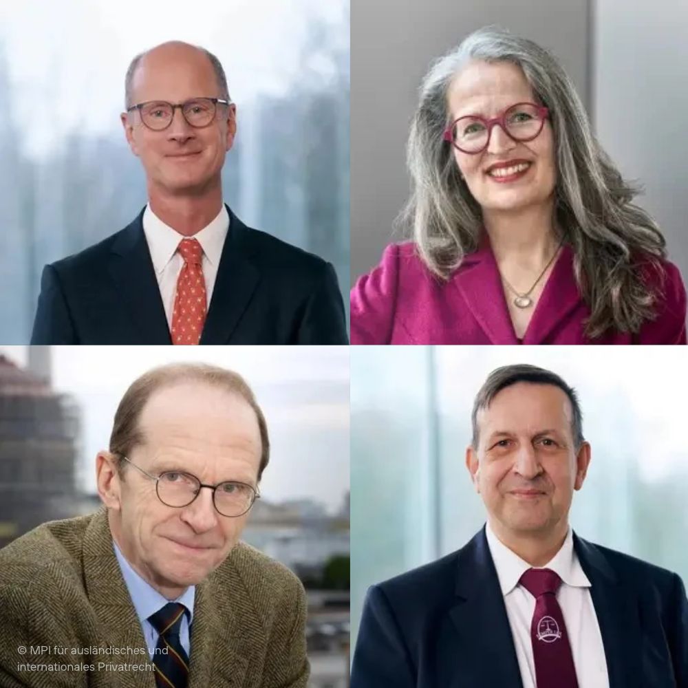 Direktor*innen des MPIs für ausländisches und Internationales Privatrecht: Ralf Michels (oben links), Anne Röthel (oben rechts), Direktor emeritus Reinhard Zimmermann (unten links) und Holger Fleischer (unten rechts)