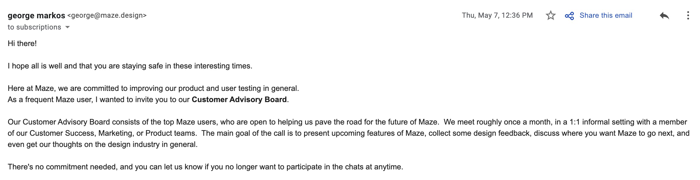email invite to join the Maze CAB