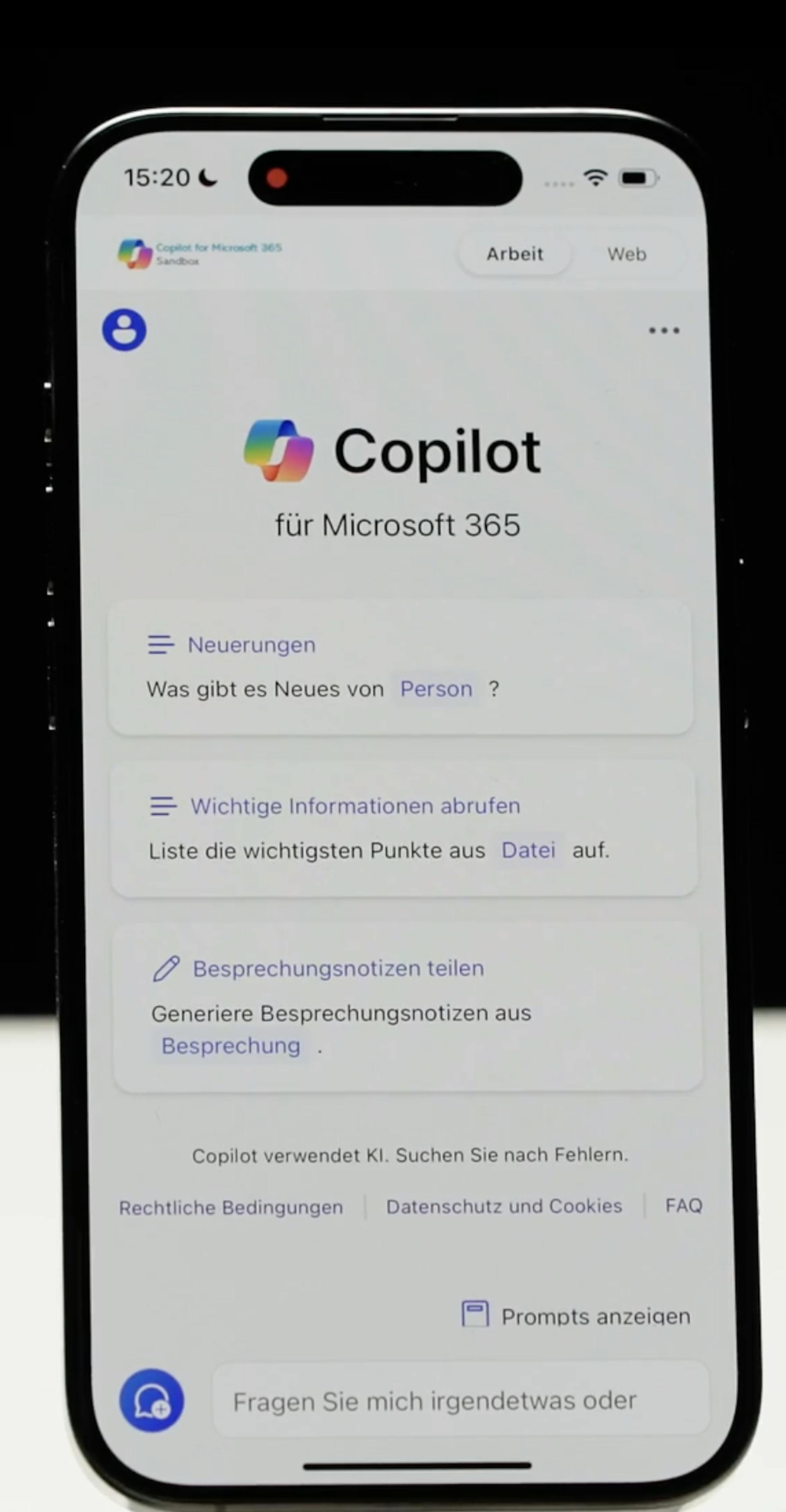 Copilot Bildschirm auf iPhone