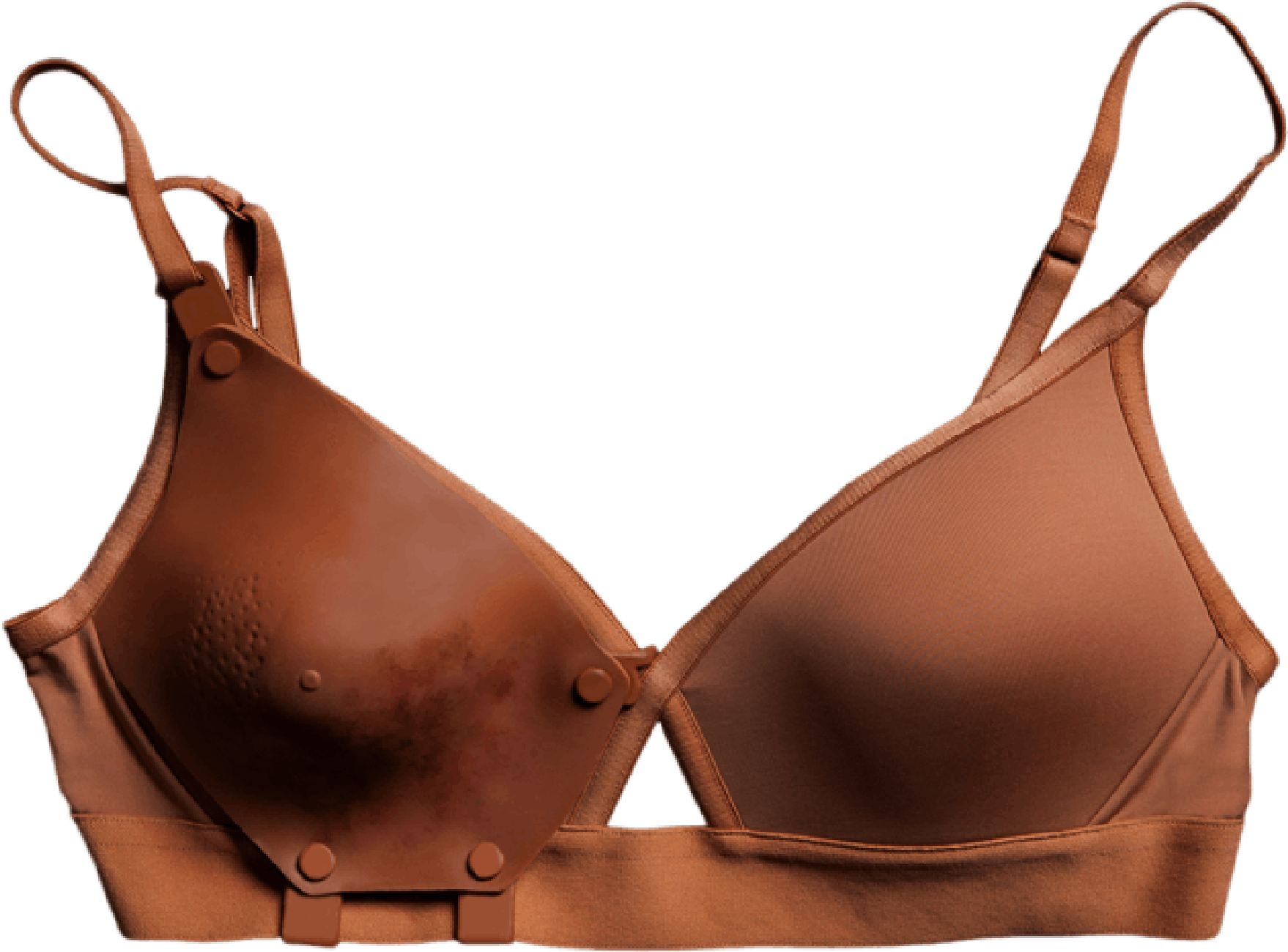 A brown Stage Zero Collection bra with breast cancer symptoms replicated on one of the bra’s cups.