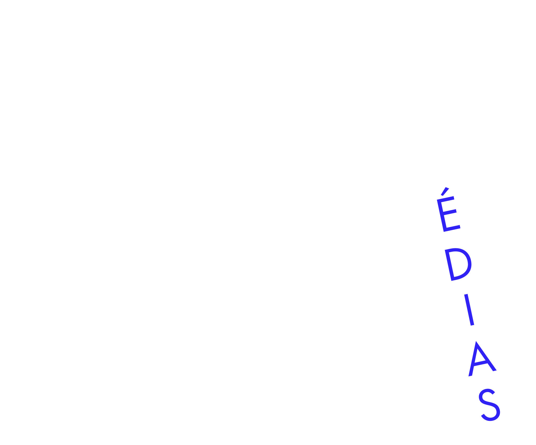 Un grand « M » blanc sur un fond bleu. Sur la diagonale droite du « M », on peut lire le mot « MÉDIAS »