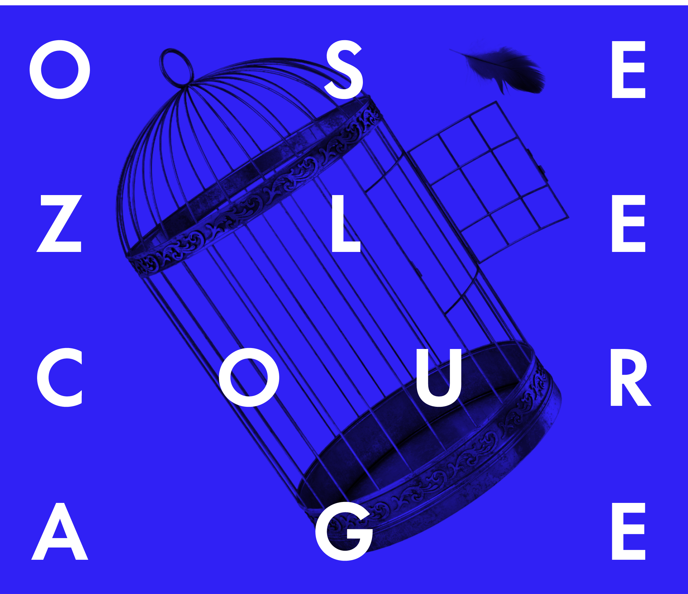 Les mots « OSEZ LE COURAGE » en majuscules blanches sur un fond bleu avec, en arrière-plan, l’image d’une cage d’oiseau inclinée vers la gauche. »