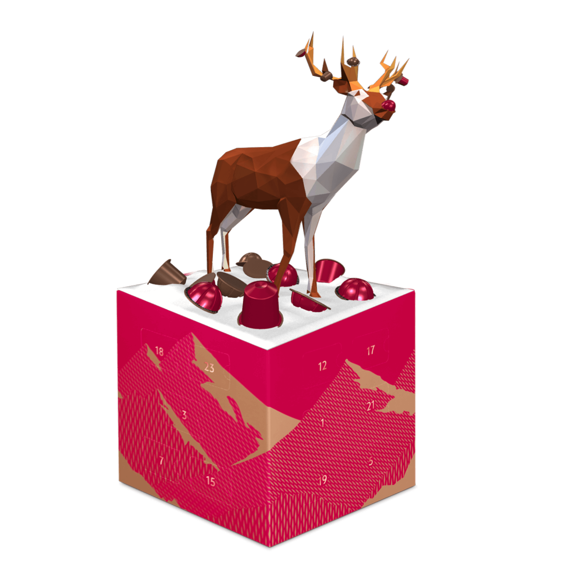 Une boîte de calendrier de l'avent rouge sur laquelle se tient un renne virtuel or et blanc. Des capsules de café Nespresso rouges et brunes à ses pieds. 