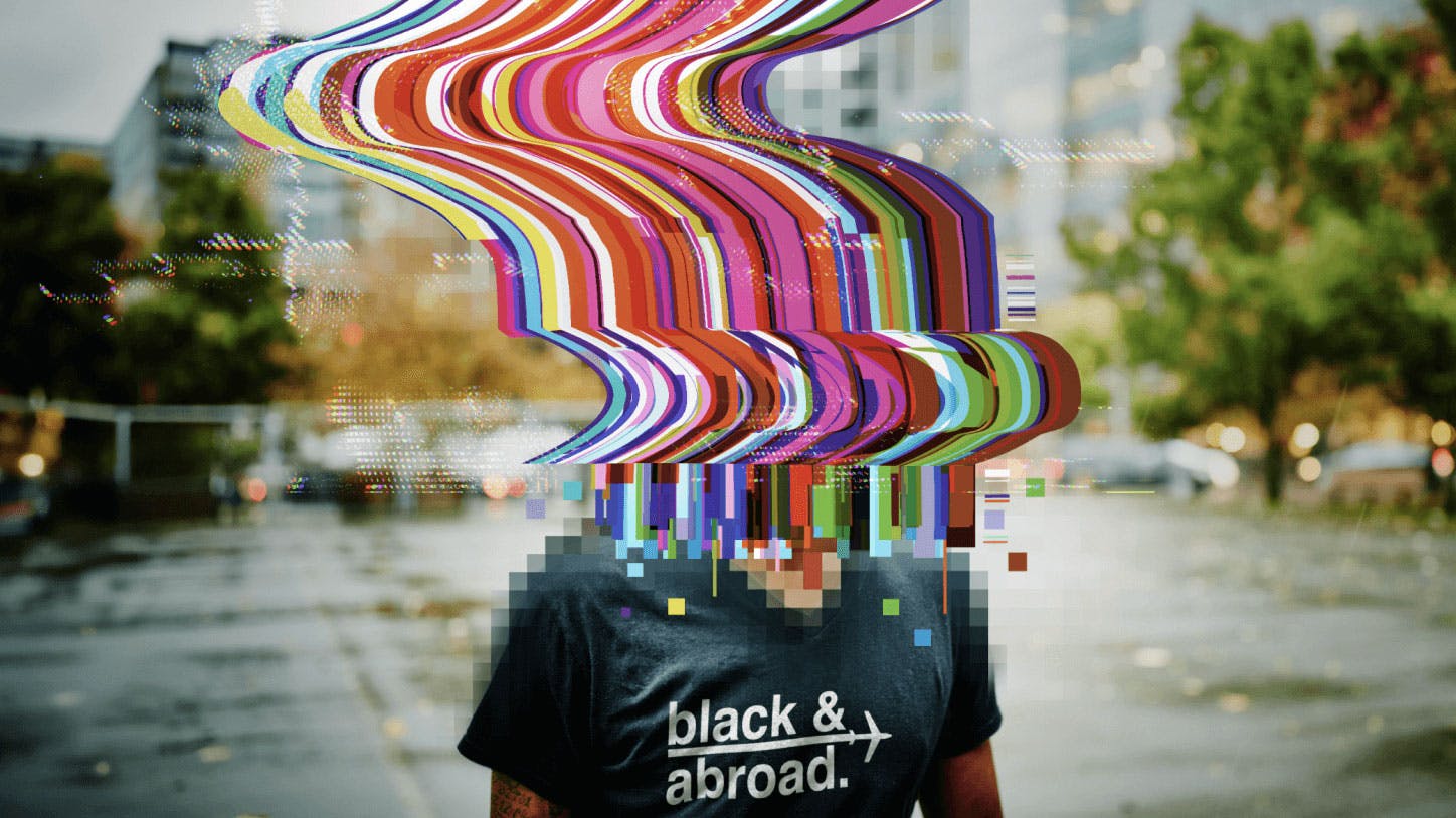 Distorted rainbow lines covering a person's face