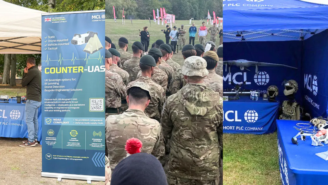 Collage of three photos from MCL’s September 2026 events: the MCL stand with a Counter-UAS banner, soldiers gathered at the drone racing tournament, and an MCL gazebo displaying drones and tactical equipment.