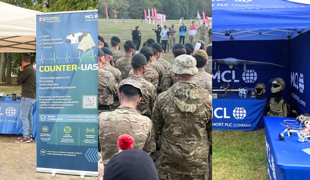 Collage of three photos from MCL’s September 2026 events: the MCL stand with a Counter-UAS banner, soldiers gathered at the drone racing tournament, and an MCL gazebo displaying drones and tactical equipment.
